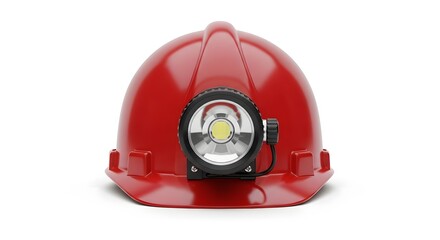 Bright Red Industrial Safety Hard Hat with Illuminated LED Headlamp - Essential Protective Gear for Mining and Construction Workers, Isolated on Wh...