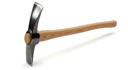 Heavy-duty pickaxe with a polished metal head and ergonomic wooden handle, isolated on a clean white background, ready for mining, construction, or...