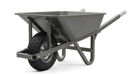 Empty Grey Metal Wheelbarrow with Rubber Tire, Isolated on White Background for Construction, Gardening, and Hauling