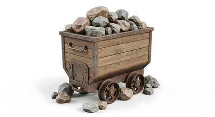 Rustic Wooden Mine Cart Filled with Rocks and Stones, Vintage Mining Wagon Isolated on White Background, Industrial Concept