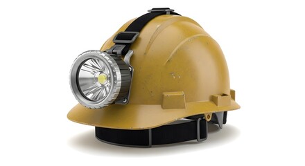 Yellow Industrial Hard Hat with Attached LED Headlamp, Essential Safety Equipment for Mining, Construction, and Dark Work Environments, Isolated on...