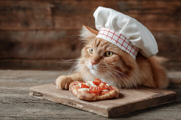 Cute cat wearing chef hat lays next to small pizza on wooden board in cozy kitchen setting