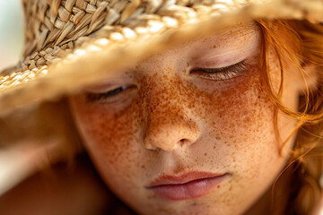 Close-up of a freckled girl wearing a straw hat, showcasing her thoughtful expression on a sunny day outdoors
