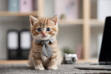 Cute kitten in a tie sitting on a gray carpet beside a laptop in a cozy home office setting