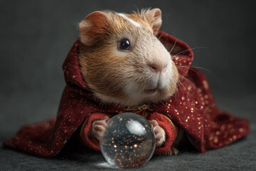 Cute guinea pig dressed as a wizard holds a crystal ball in a dark setting with magical ambiance