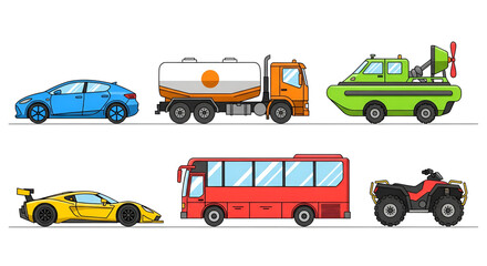 A collection of colorful transportation vehicles including cars, a bus, a truck, and an ATV, illustrating diverse modes of transport