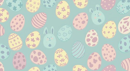 Decorated easter eggs and rabbit pattern on a light blue background