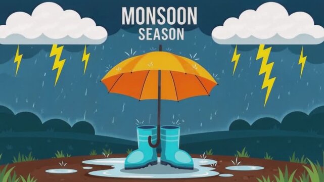 Monsoon Season Illustration Clouds, Rain, Umbrella, and Boots in Vector Format