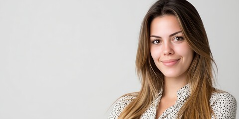 Confident Young Woman Smiling Against a Neutral Background in a Professional Setting