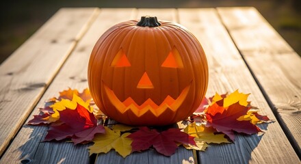 Glowing jackolantern on wooden table encircled by colorful autumn leaves