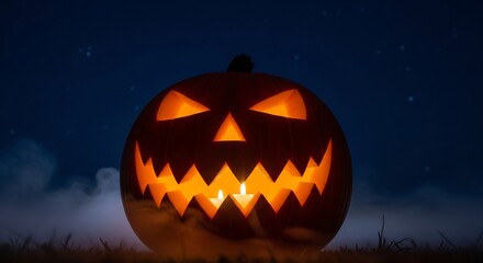 Glowing jackolantern with eerie carved face amidst misty grass under a starry blueblack sky