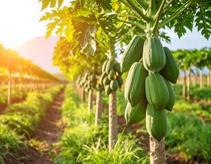 Lush papaya orchard at sunrise