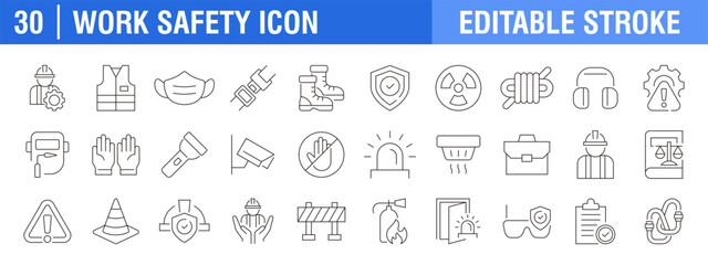 Collection of work safety icons. Vests, masks, emergency exits, CCTV, fire detectors, and more. Vector design templates, signs, symbols, and editable strokes.