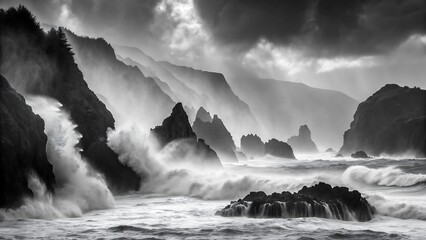 Dramatic black and white seascape with powerful ocean waves crashing against rocky cliffs in stormy weather
