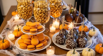 Halloween dessert table caramel popcorn jars orange macarons on tiered stand chocolatecovered apples and lit candles