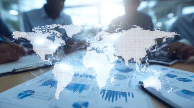 Business meeting focuses on global market analysis with world map overlay in urban office setting