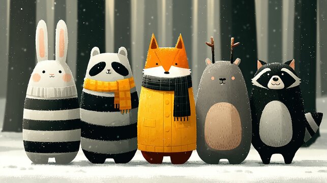 Cartoon animals rabbit raccoon fox bear standing in a snowy forest scene.