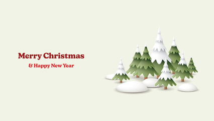 Merry Christmas and Happy New Year calligraphy with 3D cute pine forest and snowdrift on light green background graphic illustration have blank space.