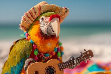 Colorful parrot playing a small guitar by the beach during a sunny day