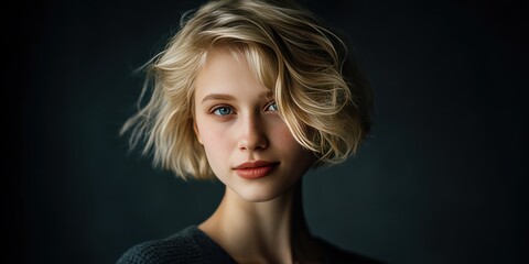 Captivating Portrait of a Young Woman with Short Blonde Hair and Striking Blue Eyes