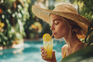 Woman enjoying a refreshing drink by the pool on a sunny day surrounded by lush greenery