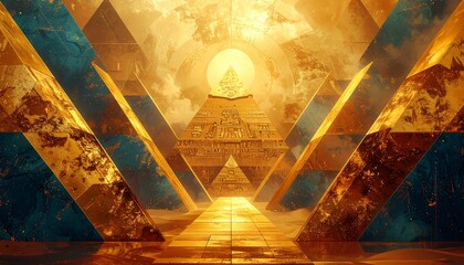 Golden Egyptian Pyramids and Hieroglyphs in a Surreal, Abstract Landscape