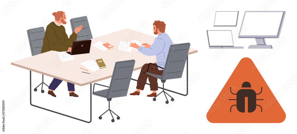 Wall mural two professionals collaborating on software bug fixes at a table, monitors nearby, triangle bug warn