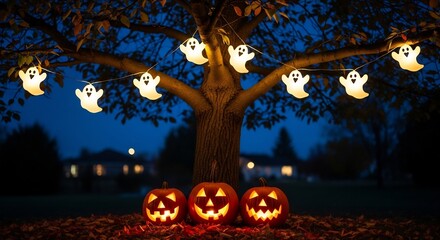 Night Halloween scene 3 lit pumpkins under a tree with ghost lights Houses faintly seen in the distance
