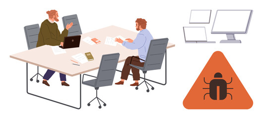 Two professionals collaborating on software bug fixes at a table, monitors nearby, triangle bug warning. Ideal for teamwork, problem-solving, IT, coding, collaboration, debugging simple flat