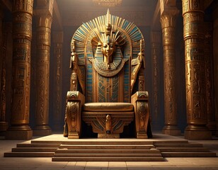 Majestic Golden Egyptian Pharaoh's Throne in Ancient Temple with Hieroglyphic Columns