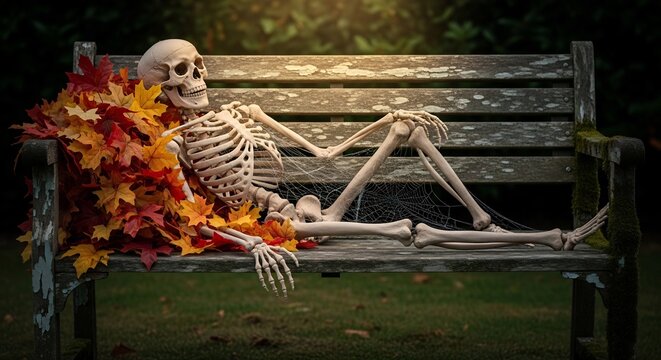 Skeleton reclines on wooden bench surrounded by autumn leaves and spiderwebs in a park setting