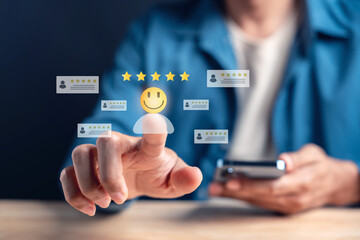 Customer good rating with smile and five stars, positive feedback, online review, product satisfaction, service quality, and trusted business reputation.
