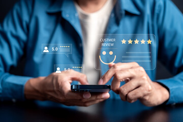 Customer giving five star good review on smartphone, online feedback, satisfaction rating, digital reputation, and business credibility in modern marketing.