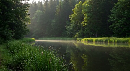Serene river landscape with trees and reflection in nature environment
