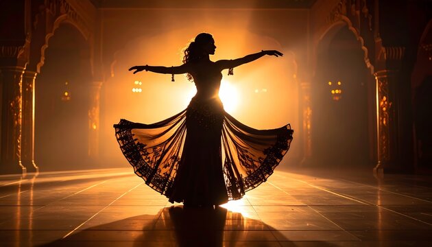 Silhouette of a belly dancer in a golden light ambience with abstract details