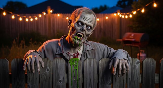 Zombie with green ooze leans on a fence grill and lights in the background