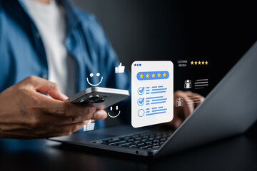 Customer review and satisfaction feedback form with five star rating, concept of online reputation, digital trust, business credibility, and customer experience.
