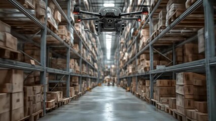 Drone Flight Through Modern Warehouse: Aerial View of Industrial Storage - Powered by Adobe