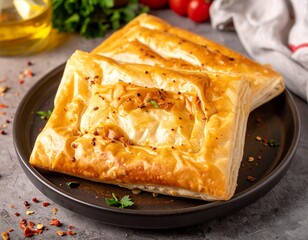 Two Golden Flaky Savory Pastries on a Dark Plate with Spices
