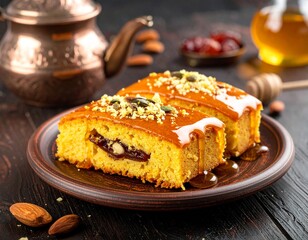 Two Pieces of Honey Cake with Nuts and Dates on a Rustic Plate