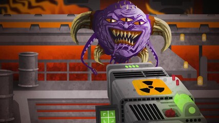 first person shooter fighting flying demon with nuclear weapon