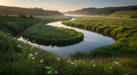 Serene river winding through lush green meadow landscape during daytime
