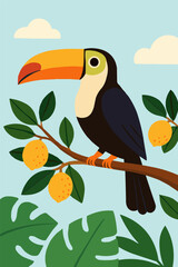 A flat vector illustration of a colorful toucan perched on a tropical fruit tree