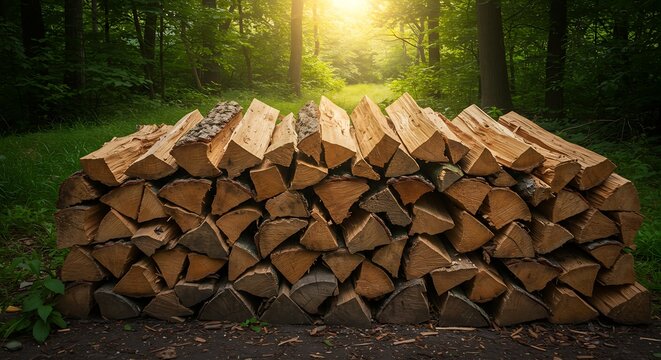 Neatly stacked firewood in a forest with sunlight and green foliage backdrop