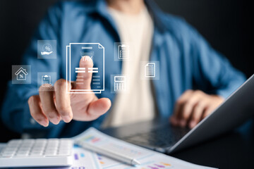 Businessman manage tax documents online, e-tax filing, financial planning, accounting, and digital transformation in finance.