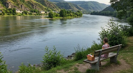 Serene riverside landscape with person on bench near water and mountains