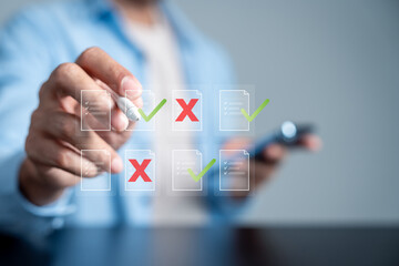 Document check and verification concept with digital checklist. Business approval, audit, and compliance process for data management, online forms, and digital document review system.