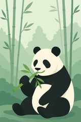 A flat vector illustration of a serene panda eating bamboo in a misty forest