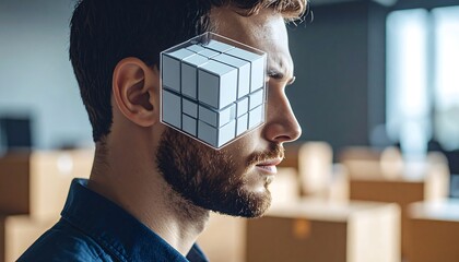 Man with holographic cube over face in office