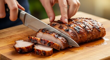 Person slicing grilled meat on a wooden board close up view